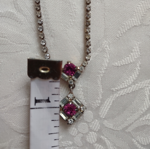 Art deco fine jewelry prong set crystals ruby pendant costume necklace silvetone - Picture 2 of 10